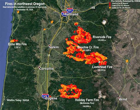 Wildfire monitoring dashboard depicting current wildfire activity, such as locations of wildfires and evacuations across Oregon.